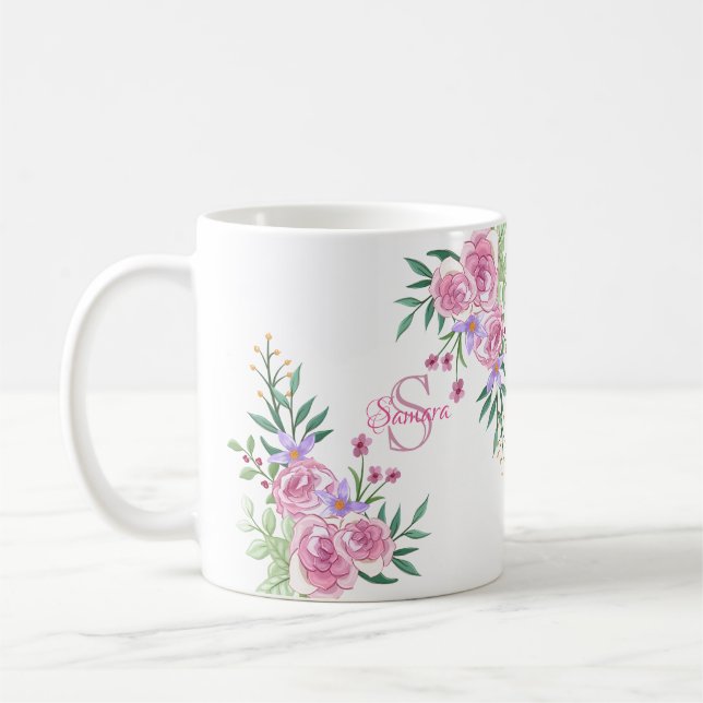 Girly Pink Peach Watercolor Roses Initial Monogram Coffee Mug (Left)