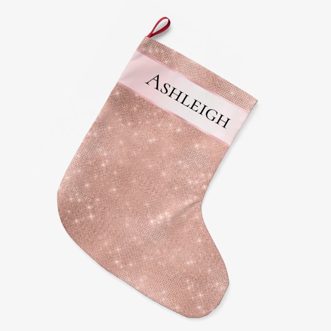 Girly Pink Pearl Rose Gold Glam Large Christmas Stocking (Front (Hanging))