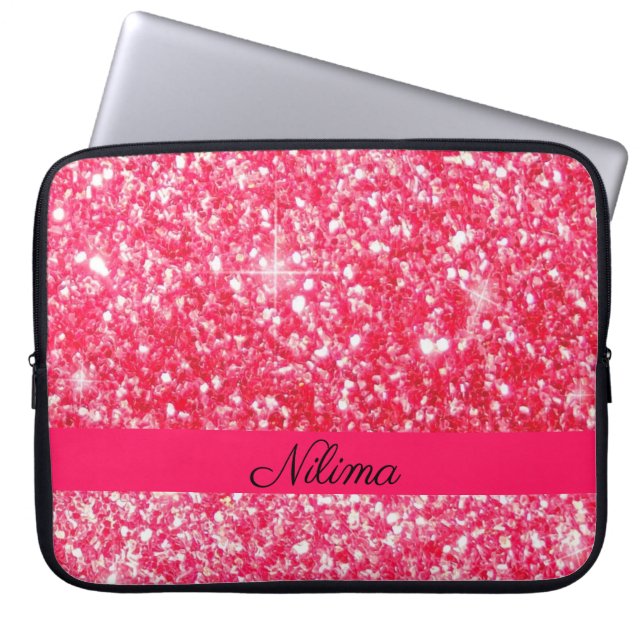 Girly Pink Personalised name trendy faux glitter Laptop Sleeve (Front)