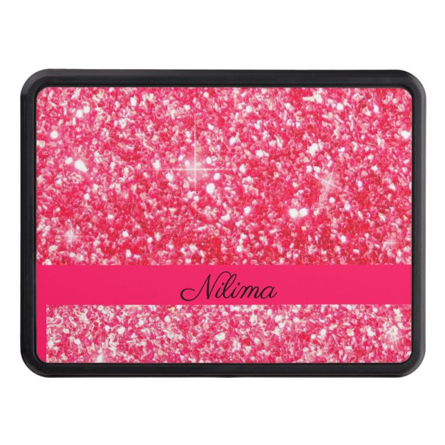Girly Pink Personalised name trendy faux glitter Trailer Hitch Cover (Front)