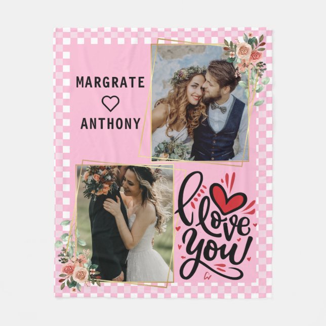 Girly Pink Personalized Couple Photo and Names   Fleece Blanket (Front)