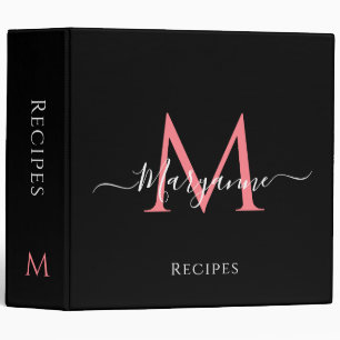 Girly Pink Personalized Monogram Black Recipes Binder