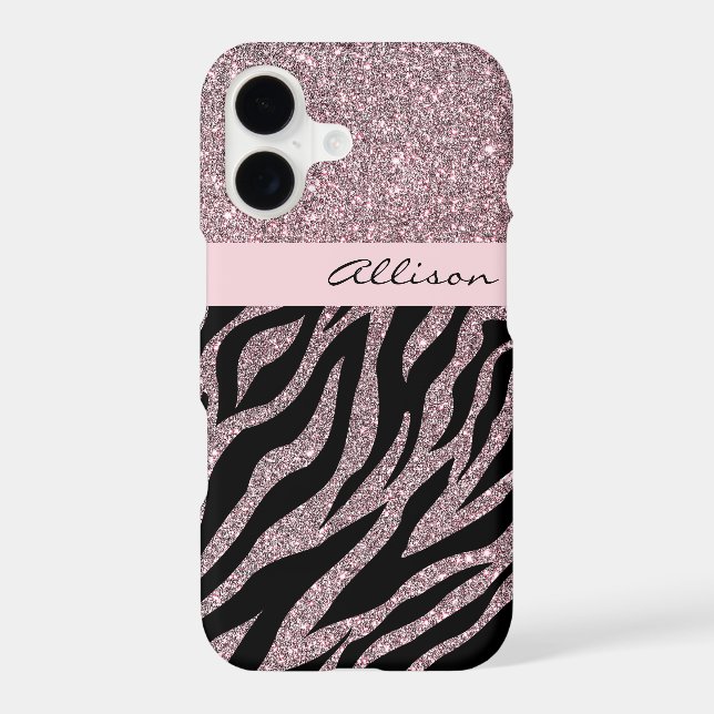 Girly Pink Personalized Name Zebra Print Rose Gold iPhone Case (Back)