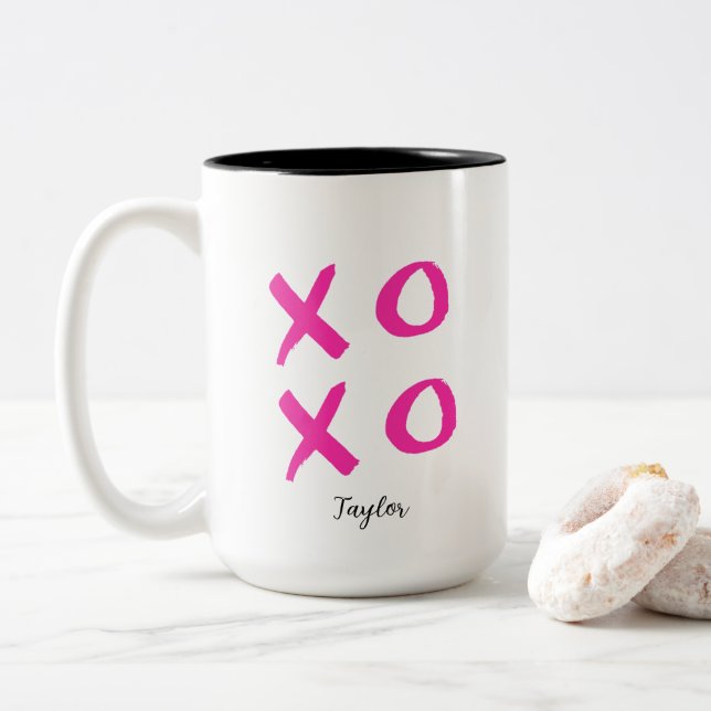 Girly Pink Personalized Valentine's XOXO Two-Tone Coffee Mug (With Donut)