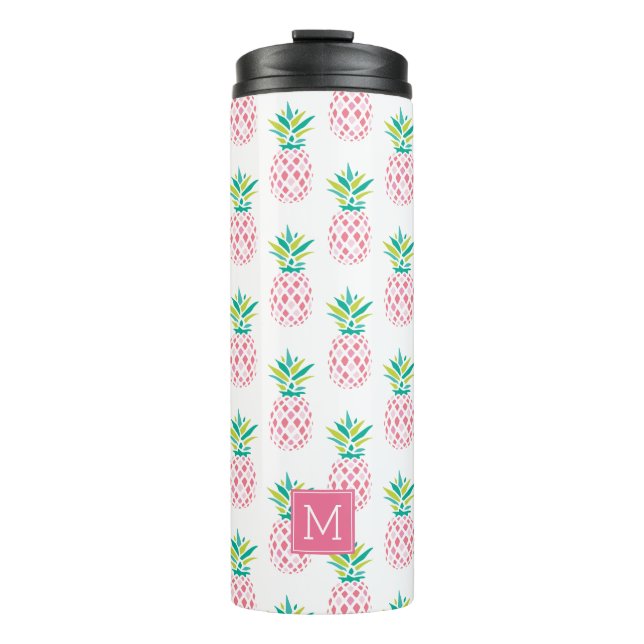 Girly Pink Pineapples Monogrammed Thermal Tumbler (Front)