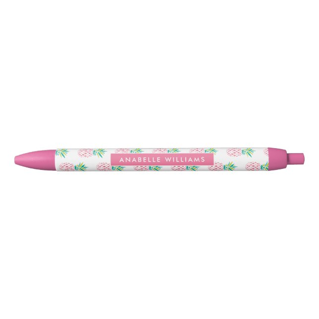 Girly Pink Pineapples Pattern Black Ink Pen (Front)