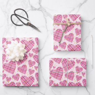 Girly Pink Plaid Hearts Gold Glitter Polka Dots Wrapping Paper Sheet