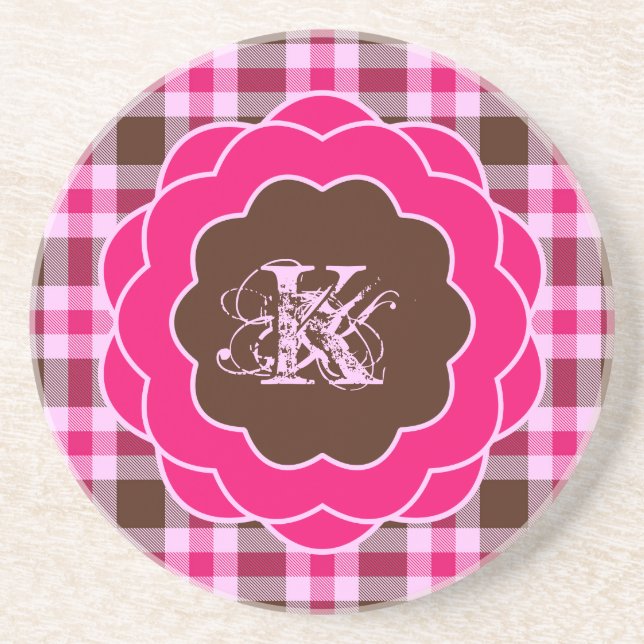 Girly Pink Plaid Monogram Scalloped Frame Coaster (Front)
