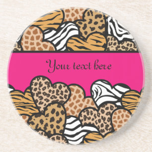 Girly Pink Playful Animal Print Hearts Name Coaster