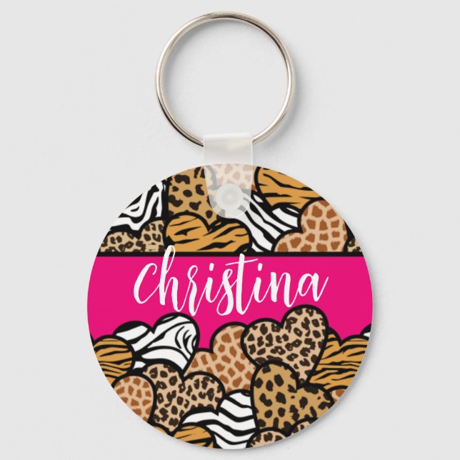 Girly Pink Playful Animal Print Hearts Name  Keychain (Front)