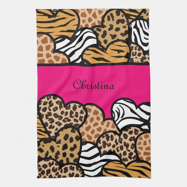 Girly Pink Playful Animal Print Hearts Name  Kitchen Towel (Vertical)