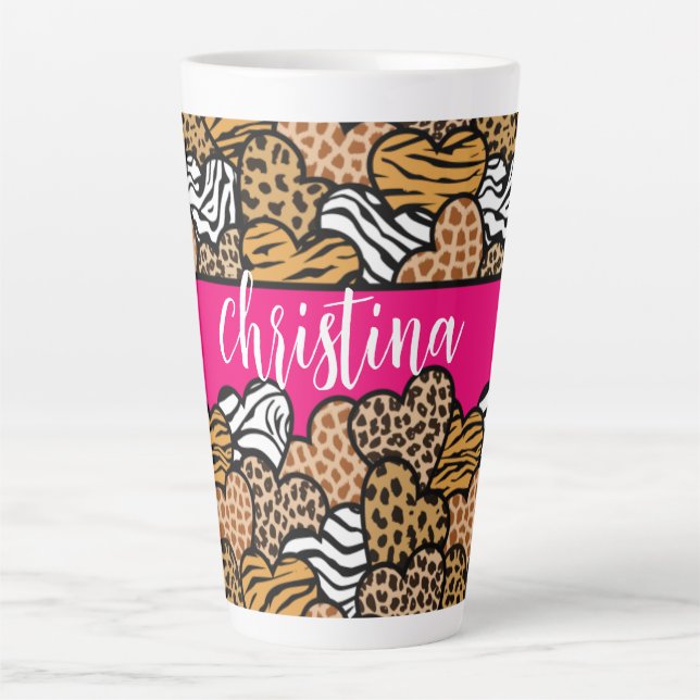 Girly Pink Playful Animal Print Hearts Name  Latte Mug (Front)