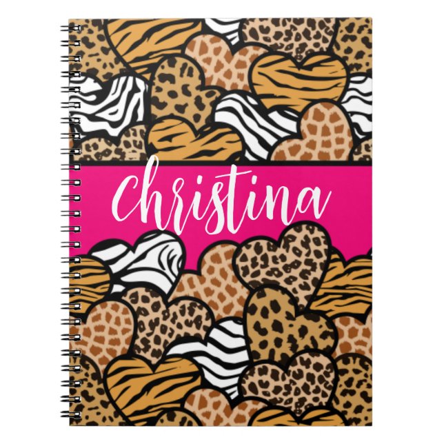 Girly Pink Playful Animal Print Hearts Name  Notebook (Front)
