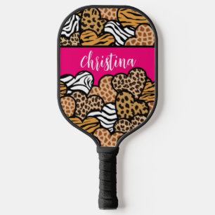 Girly Pink Playful Animal Print Hearts Name Pickleball Paddle