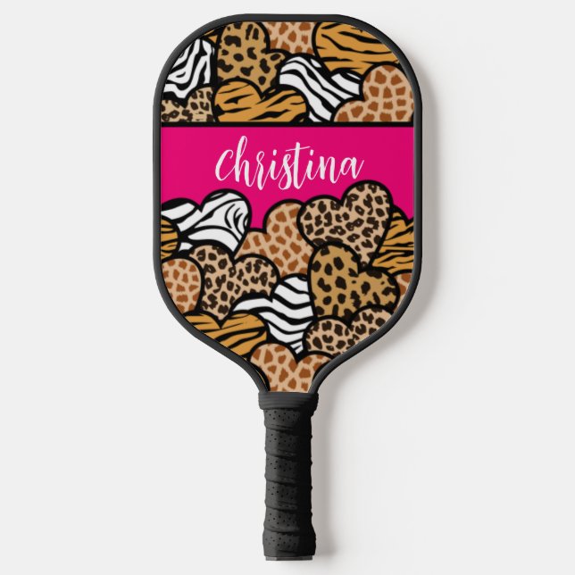 Girly Pink Playful Animal Print Hearts Name  Pickleball Paddle (Front)