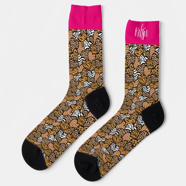 Girly Pink Playful Animal Print Hearts Name  Socks (Left)