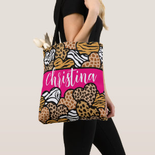 Girly Pink Playful Animal Print Hearts Name  Tote Bag
