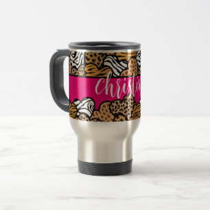 Girly Pink Playful Animal Print Hearts Name Travel Mug
