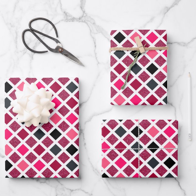 Girly Pink Plum Glitter Geometric Pattern Wrapping Paper Sheet (Front)