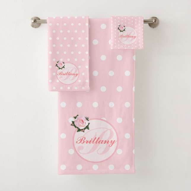 Girly Pink Polka Dot Flower Monogram Bath Towel Se (Insitu)