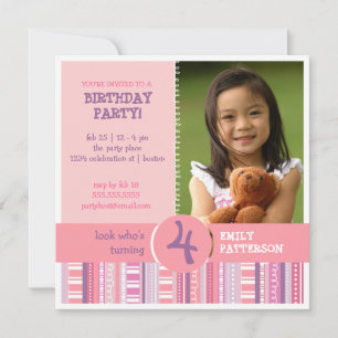 Girly Pink Purple Age Number Birthday Party Invitation