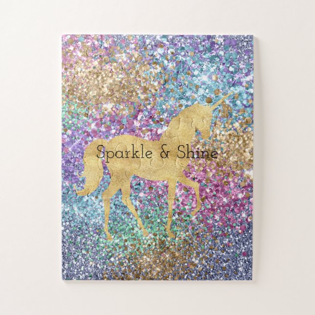 Girly Pink Purple Aqua Mint Gold Unicorn Sparkle   Jigsaw Puzzle (Vertical)