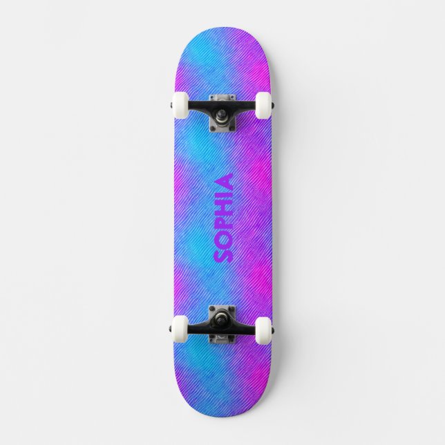 Girly pink, purple, blue colours Personalized Name Skateboard (Front)