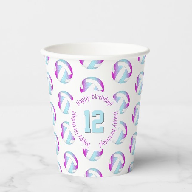 girly pink purple blue volleyballs birthday party paper cups (Front)