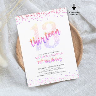Girly Pink Purple Glitter Confetti 13th Birthday Invitation
