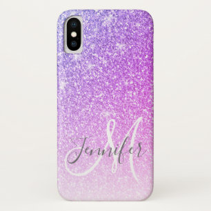 Girly Pink Purple Glitter Sparkles Monogram Name Case-Mate iPhone Case