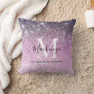 Girly Pink Purple Ombre Glitter Monogram Name   Throw Pillow