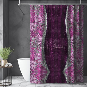 Girly pink purple silver glitter leaves monogram