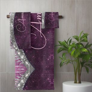 Girly pink purple silver glitter leaves monogram bath towel set
