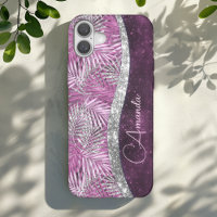 Girly pink purple silver glitter leaves monogram