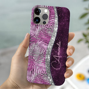 Girly pink purple silver glitter leaves monogram iPhone 13 case