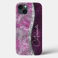 Girly pink purple silver glitter leaves monogram