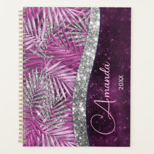 Girly pink purple silver glitter leaves monogram planner
