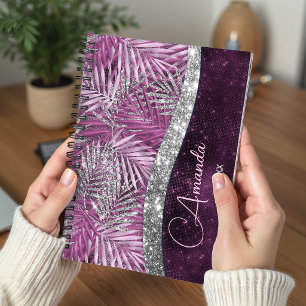 Girly pink purple silver glitter leaves monogram planner