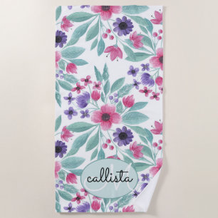 Girly Pink Purple Teal Watercolor Floral Monogram Beach Towel