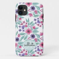 Girly Pink Purple Teal Watercolor Floral Monogram