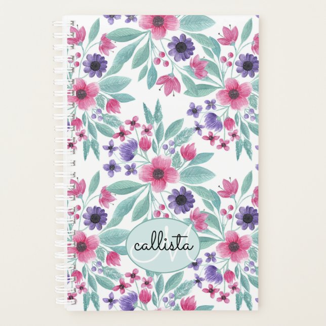 Girly Pink Purple Teal Watercolor Floral Monogram Planner (Front)