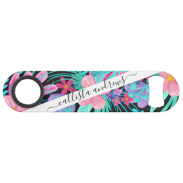 Girly Pink Purple Teal Watercolor Flowers Leaves Bar Key (Front (Horizontal))