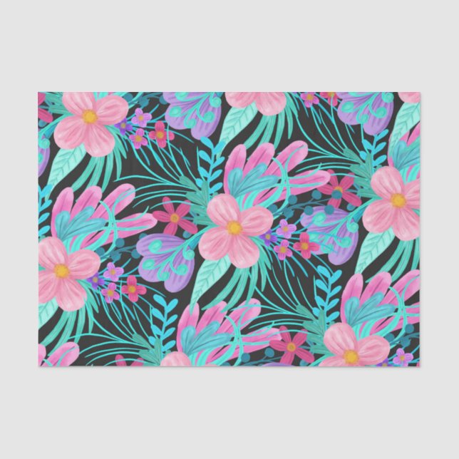 Girly Pink Purple Teal Watercolor Flowers Leaves Tissue Paper (Front)