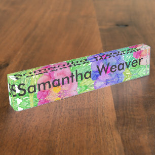 Girly Pink Purple Watercolor Flowers and Foliage Nameplate