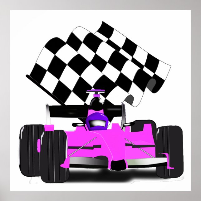 Girly Pink Race Car with Checkered Flag Poster (Front)