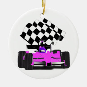 Girly Pink Race Car with Chequered Flag Ceramic Ornament