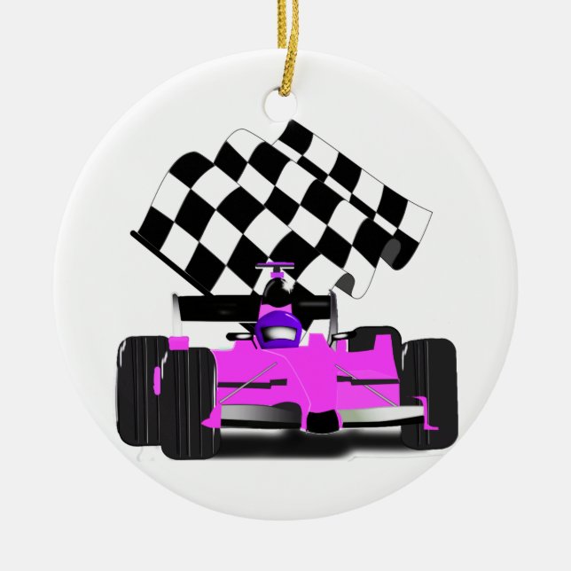 Girly Pink Race Car with Chequered Flag Ceramic Ornament (Front)