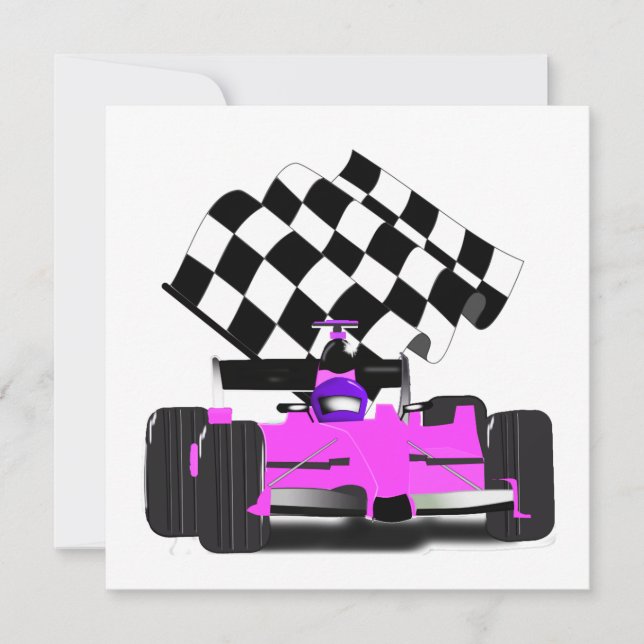 Girly Pink Race Car with Chequered Flag Invitation (Front)