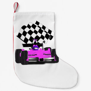 Girly Pink Race Car with Chequered Flag Small Christmas Stocking