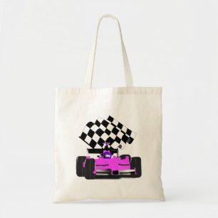 Girly Pink Race Car with Chequered Flag Tote Bag